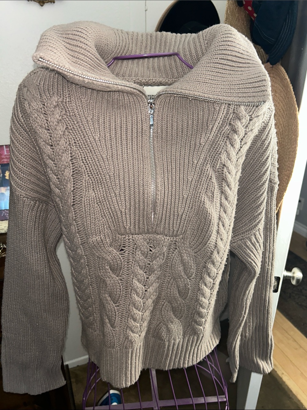 Abercrombie & Fitch Taupe Cable-Knit Half-Zip Turtleneck Sweater